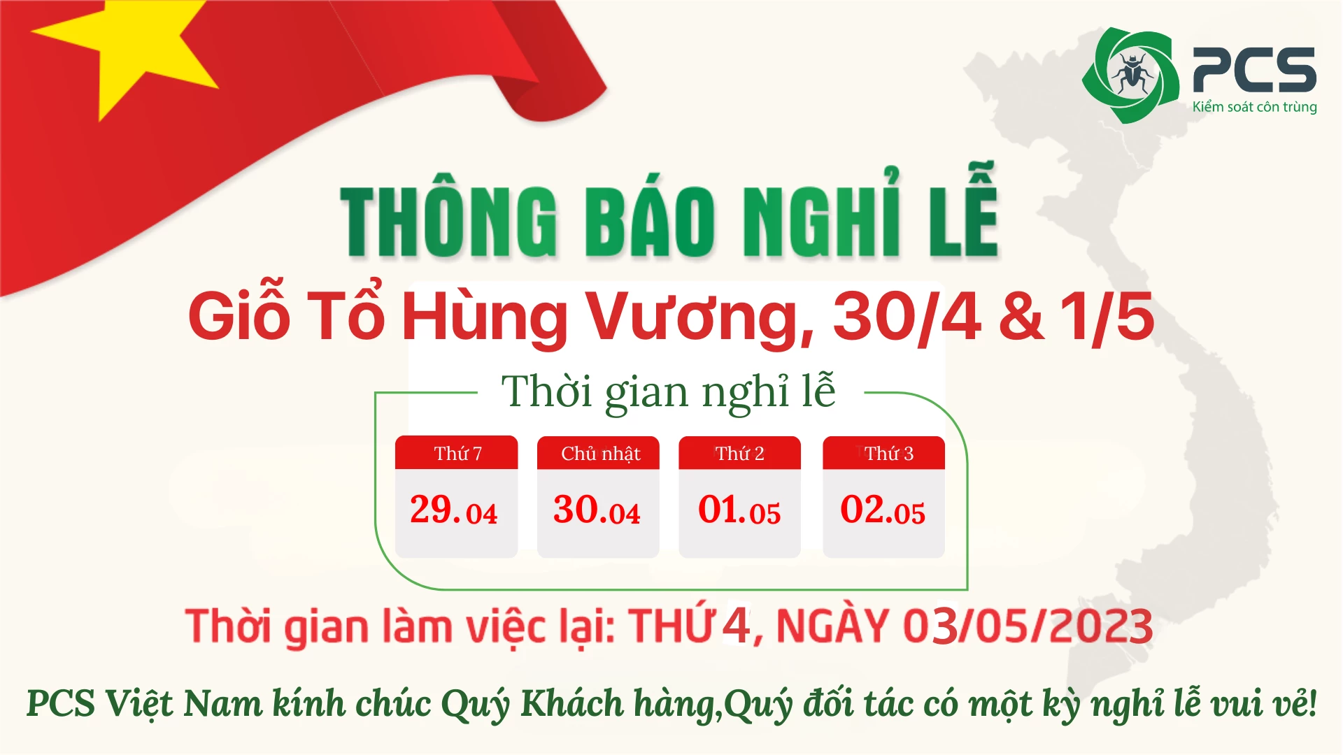 THÔNG BÁO LỊCH NGHỈ LỄ GIỖ TỔ HÙNG VƯƠNG 10/3, 30/4 & 1/5