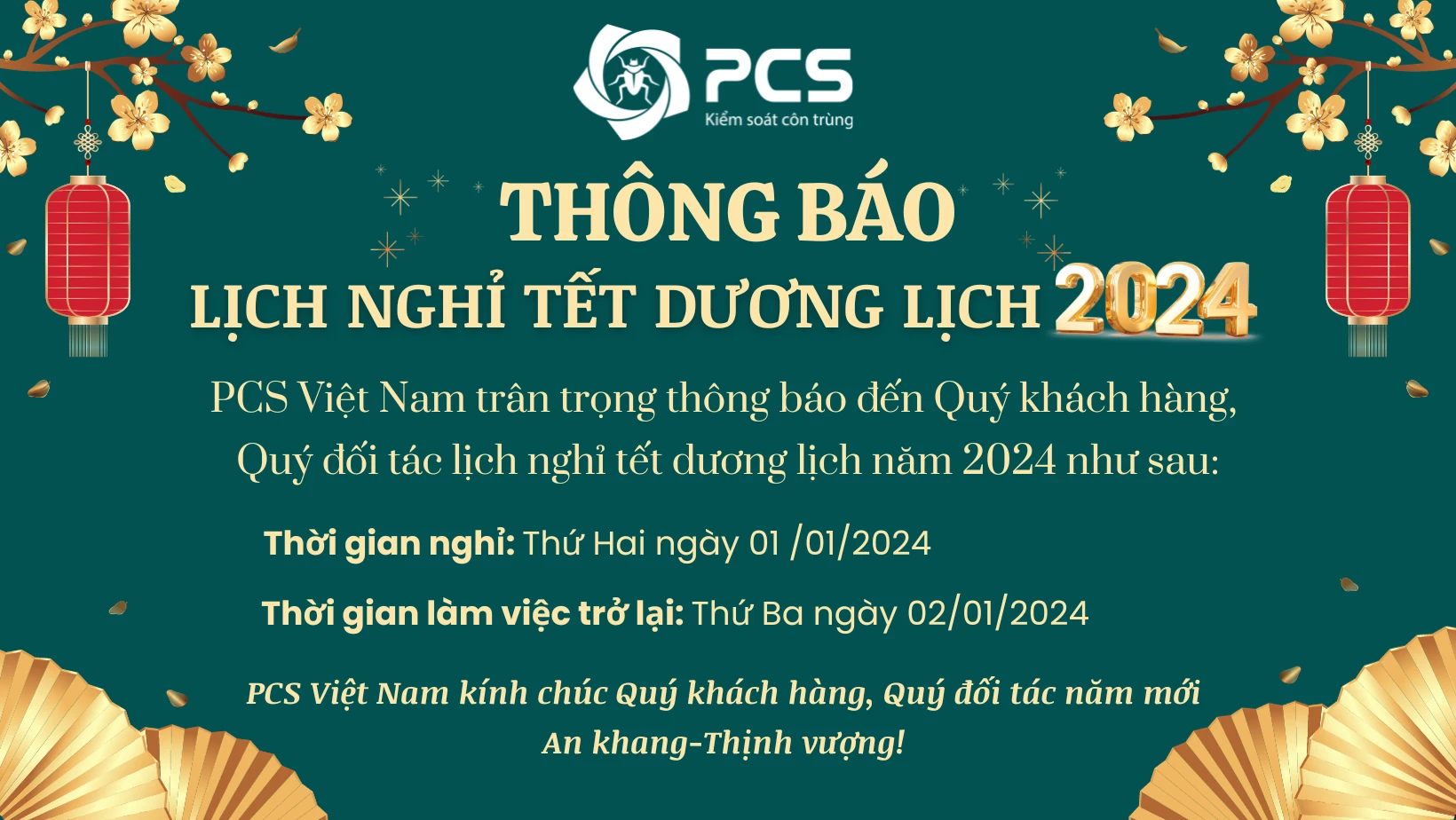 THÔNG BÁO LỊCH NGHỈ TẾT DƯƠNG LỊCH NĂM 2024